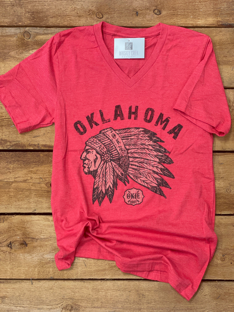 Oklahoma Indian Head Chief T-Shirt l Heather Red V-Neck
