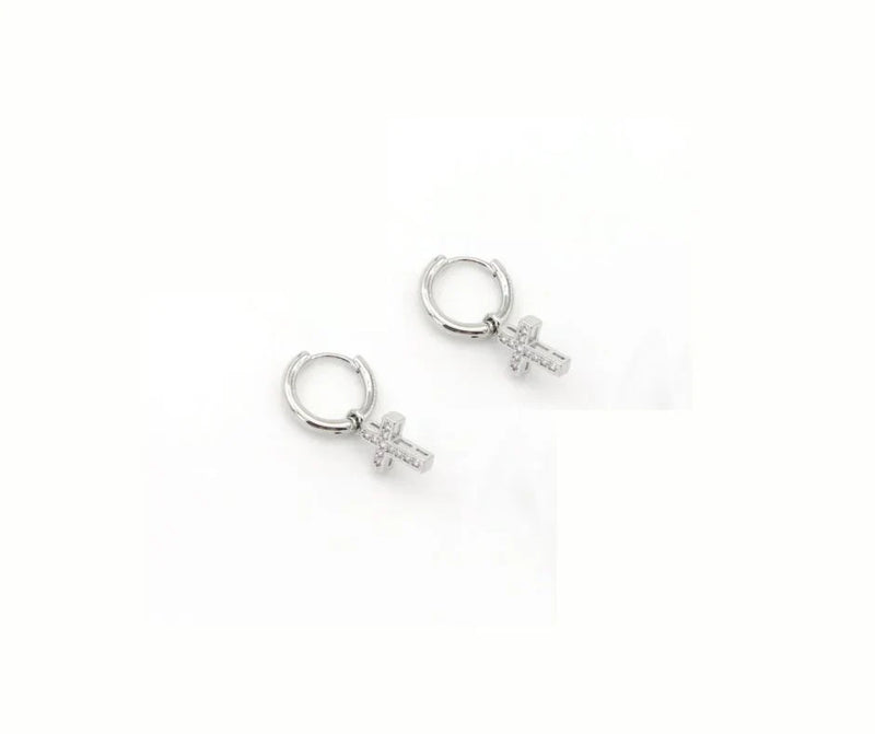 PREORDER: Crystal Cross Charm Huggies in Two Colors