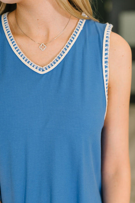 Airloom Trim Detail Mini Tank Dress in Ocean Blue