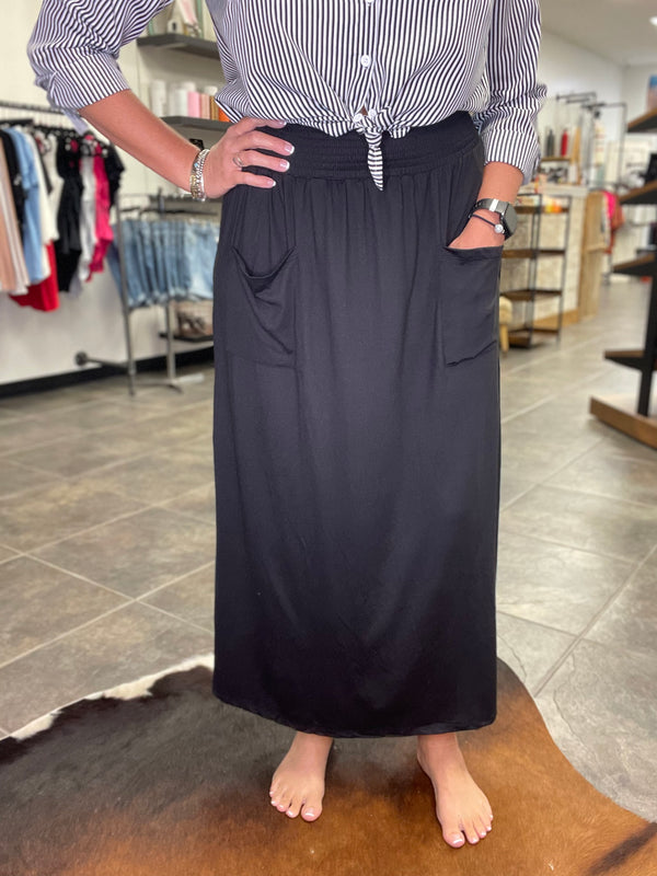 Black Maxi Skirt with Smocked Waist & Front Pockets