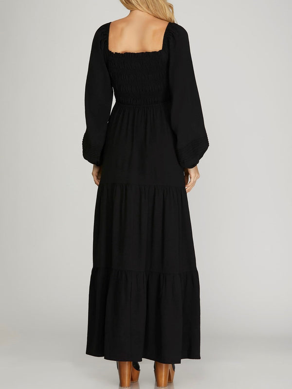 Black Tiered Dress with Puff Long Sleeve