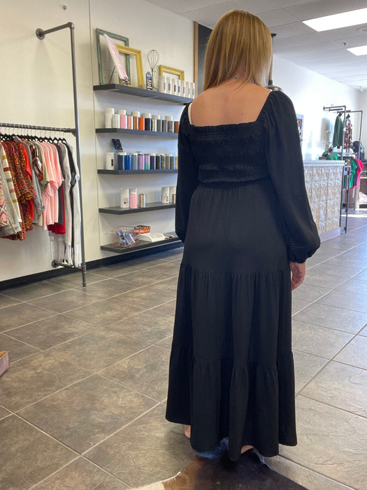 Black Tiered Dress with Puff Long Sleeve
