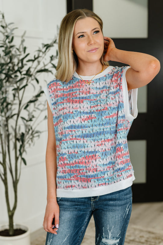 Blurred Beauty Textured Knit Top in Blue, Red and White