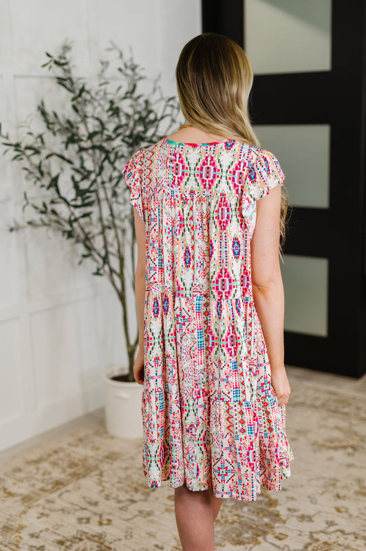 Boho and Behold Flutter Sleeve Dress in Blush/Fuchsia/Mint