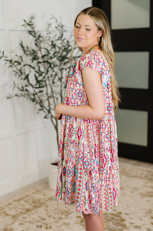 Boho and Behold Flutter Sleeve Dress in Blush/Fuchsia/Mint 1XL