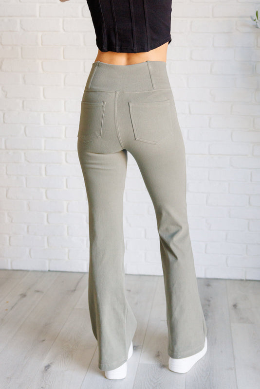 Building Habits Twill Flared Crossover Waist Pant in Dusty Olive