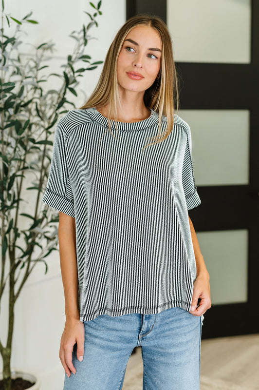 Catch Me Loungin’ Cable Ribbed Knit Top in Black and White