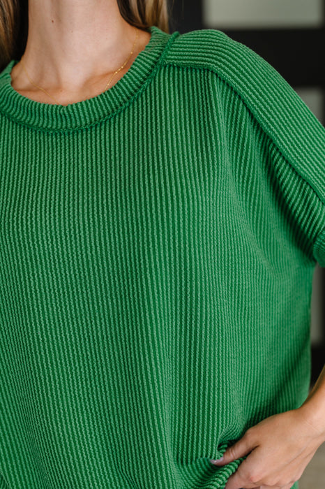 Catch Me Loungin’ Cable Ribbed Knit Top in Dark Green
