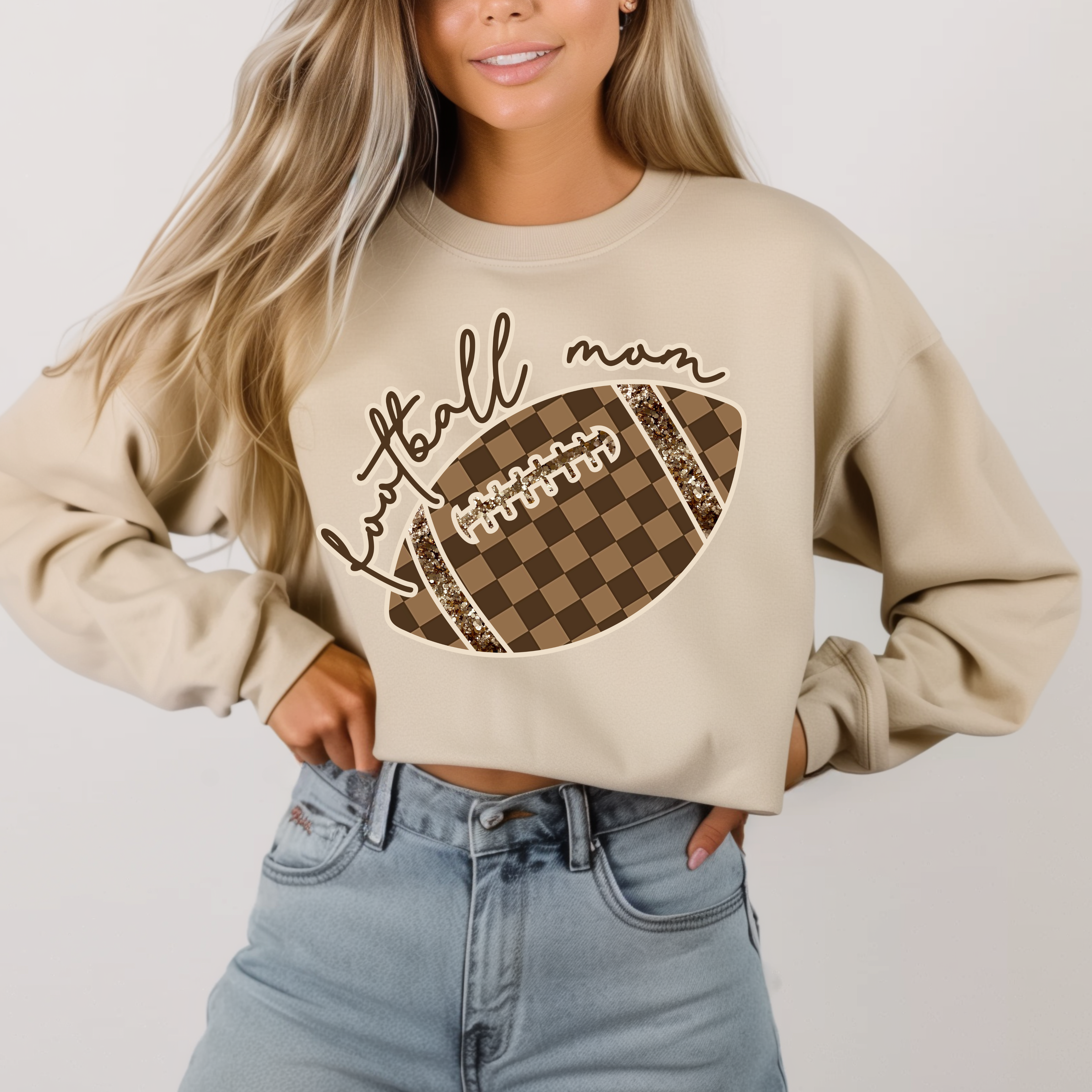 Check Football Mom in Sand Sweatshirt