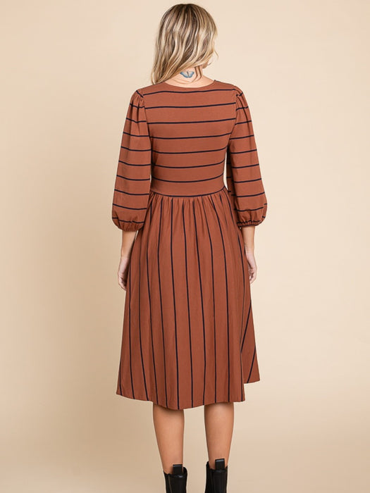 Chocolate Midi Dress w/Stripes & Waist Tie