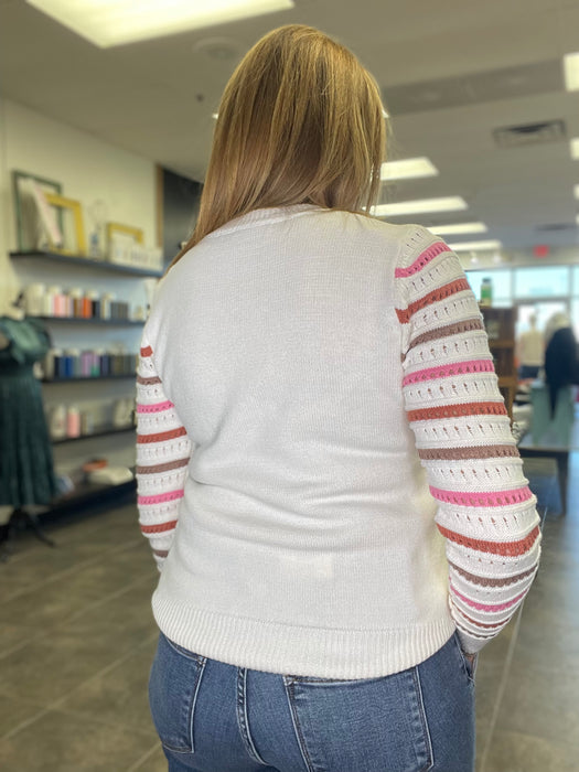 Color Striped Crochet Sleeve Sweater