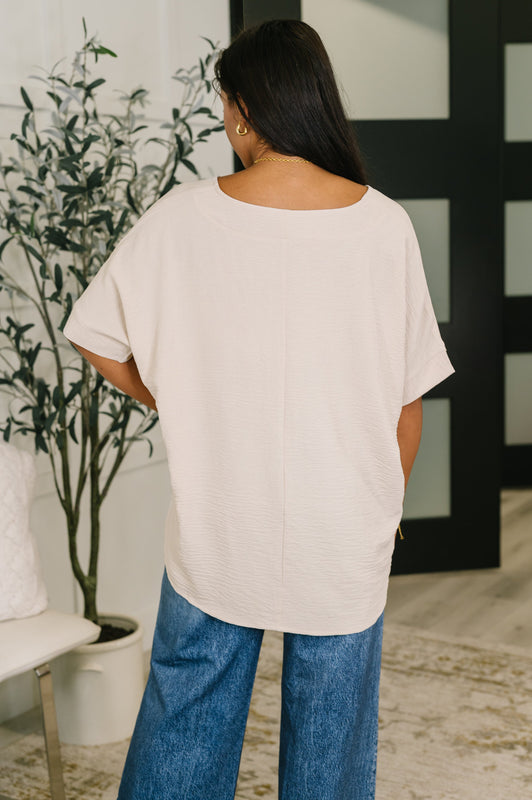 Counter Part Crinkle Woven V-Neck Top in Sand Beige