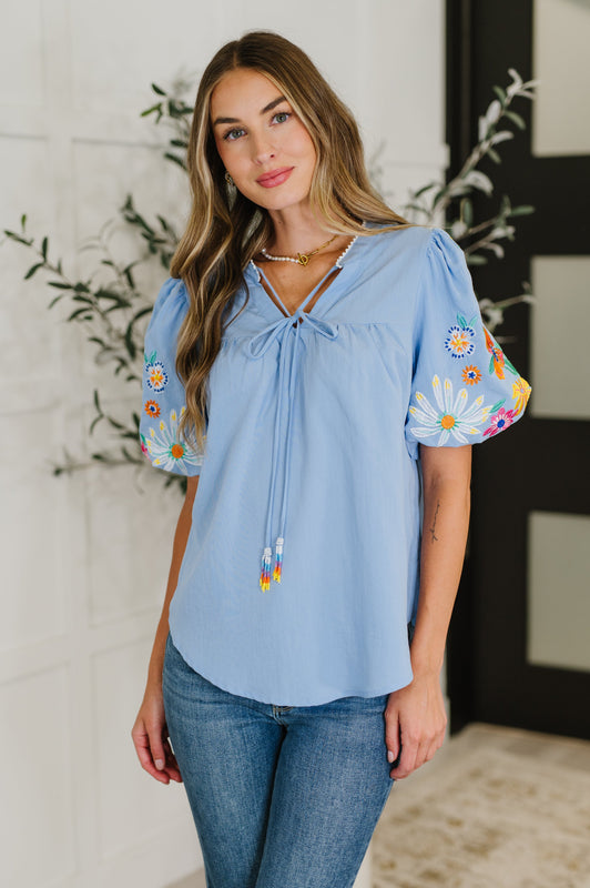 PREORDER: Embroidered Puff Sleeve V-Neck Blouse in Light Blue