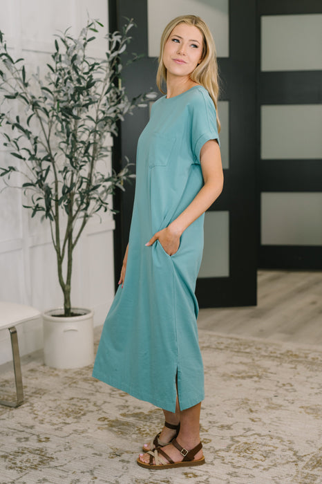 Fix You Right Up Short Sleeve Midi Dress in Dusty Teal