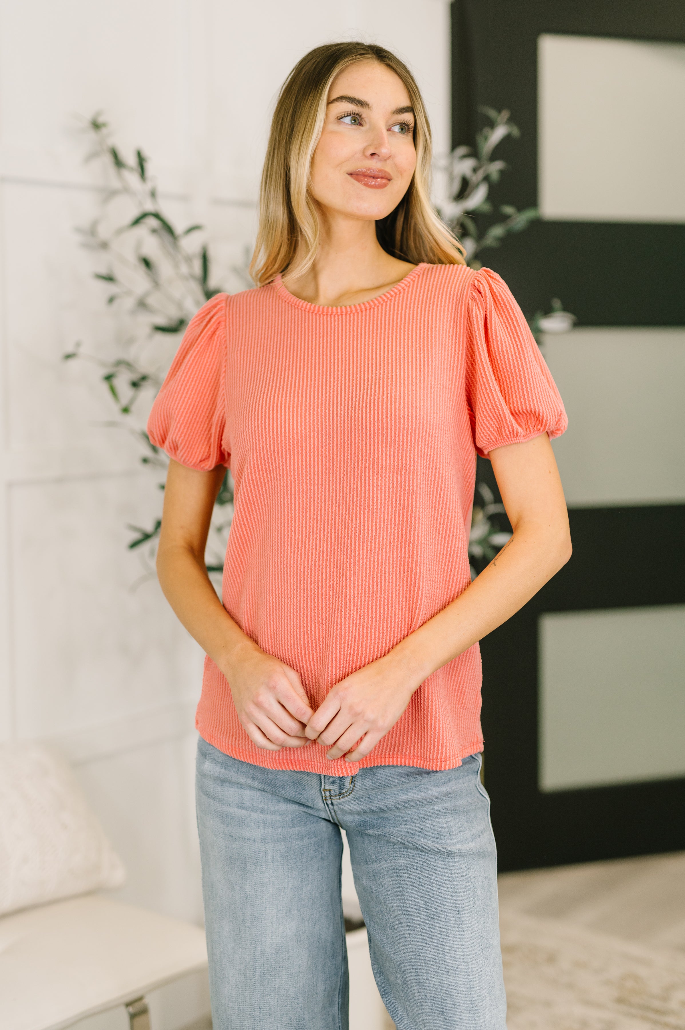 Grace & Virtue Balloon Sleeve Blouse in Coral
