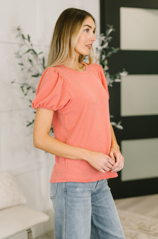 Grace & Virtue Balloon Sleeve Blouse in Coral