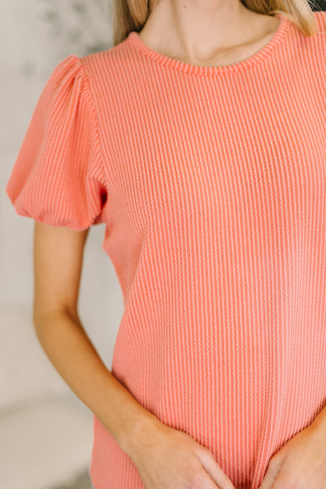 Grace & Virtue Balloon Sleeve Blouse in Coral
