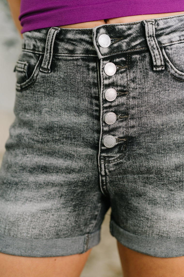Greyson High Rise Button Fly Cuffed Shorts in Grey