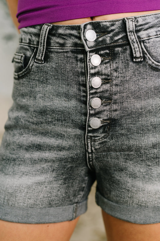 Greyson High Rise Button Fly Cuffed Shorts in Grey