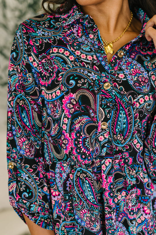 Inspire Collared Dress in Black and Cool Paisley