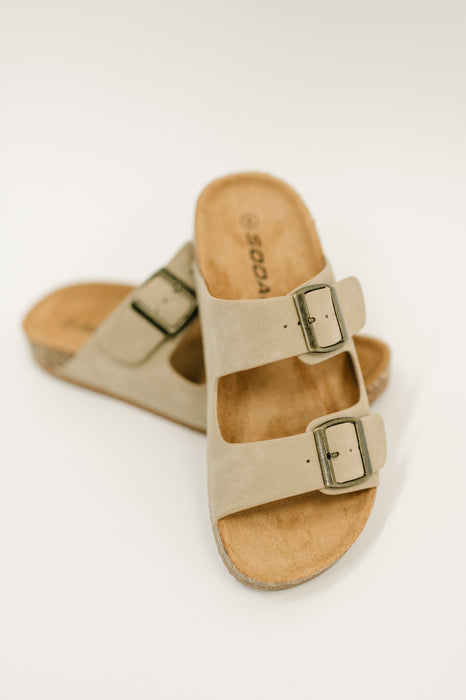 Jete Nubuck Double Buckle Slides in Light Taupe