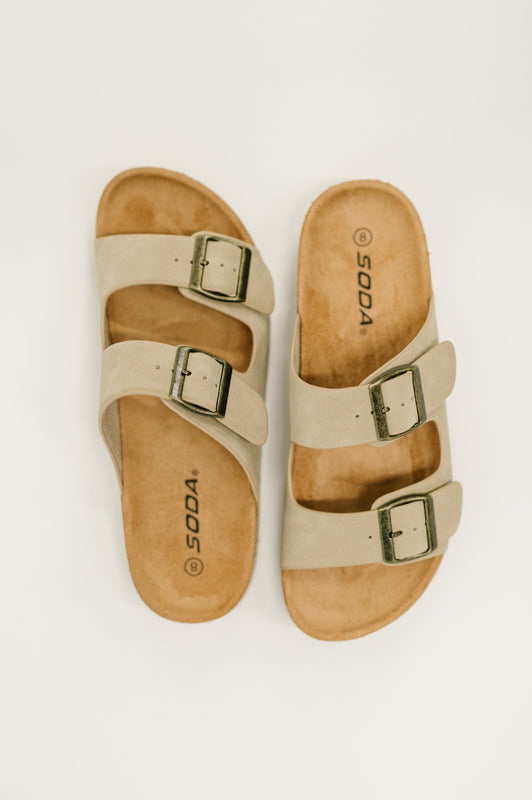 Jete Nubuck Double Buckle Slides in Light Taupe