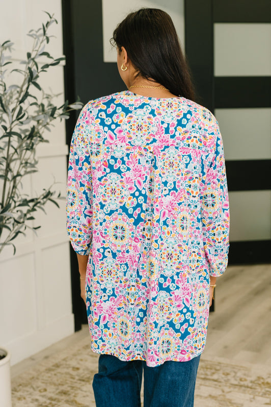 Lizzy Cardigan in Teal and Pink Floral Abstract
