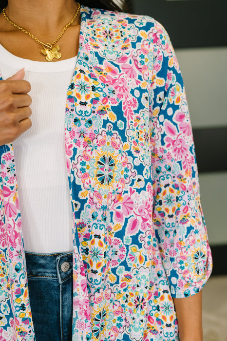 Lizzy Cardigan in Teal and Pink Floral Abstract