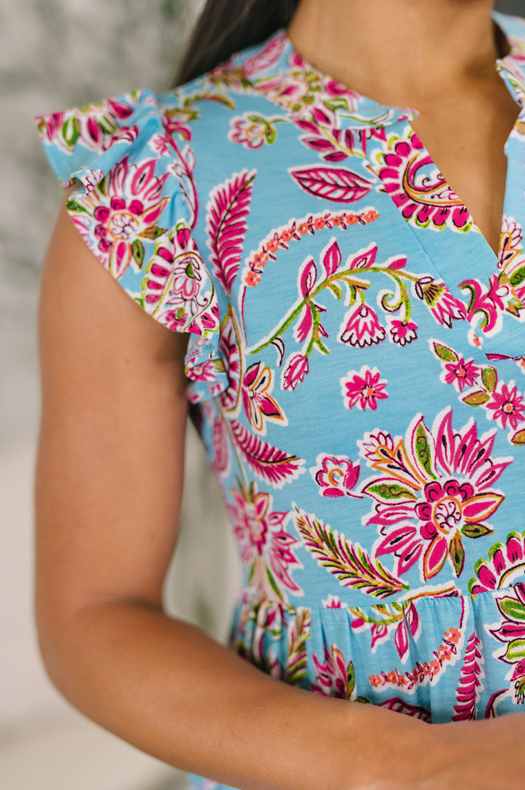 Lizzy Forever Flutter Sleeve Dress in Blue and Pink Paisley Floral