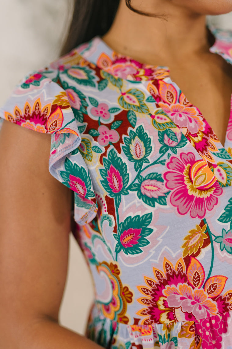 Lizzy Forever Flutter Sleeve Dress in White Multi Floral Paisley