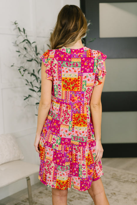 Lizzy Flutter Sleeve Dress in Patchwork Floral