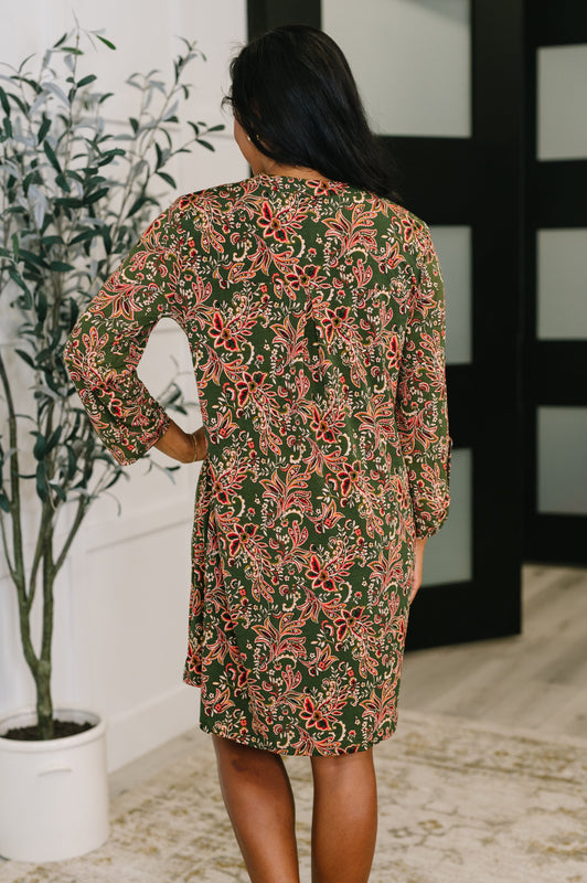 Lizzy Long Sleeve Dress in Olive Paisley