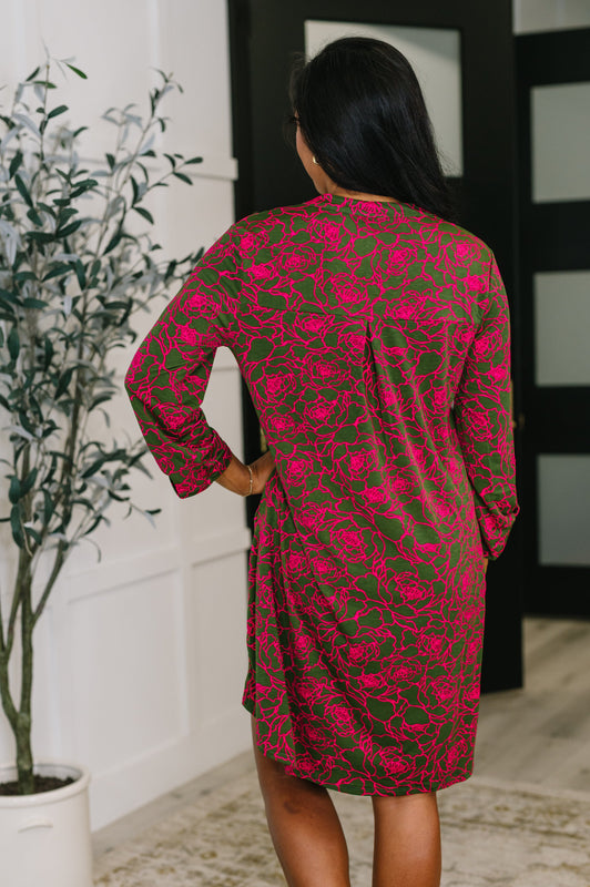 Lizzy Long Sleeve Dress in Pink and Olive Abstract Floral