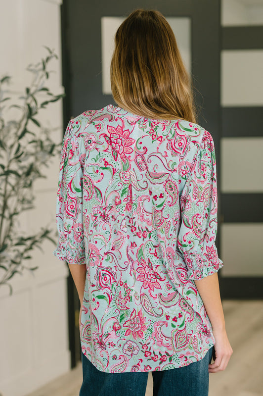 Lizzy Smock Top in Mint and Pink Floral Paisley