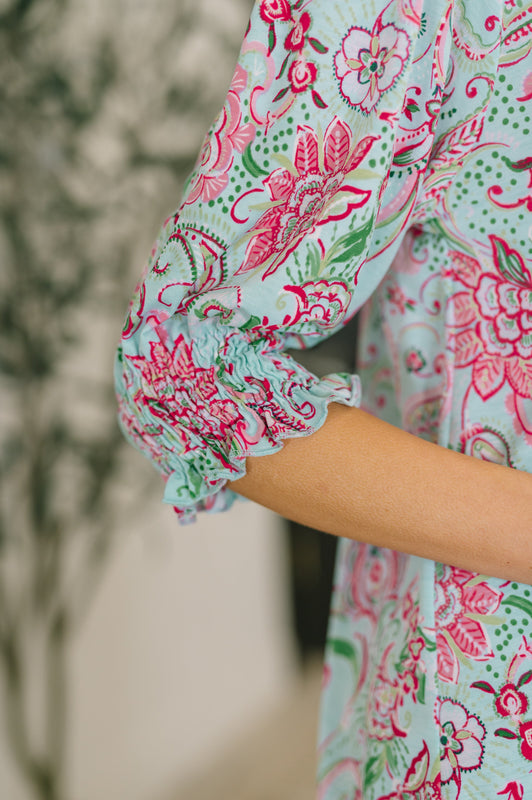 Lizzy Smock Top in Mint and Pink Floral Paisley