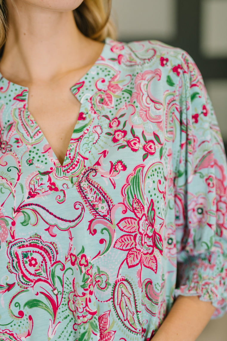 Lizzy Smock Top in Mint and Pink Floral Paisley