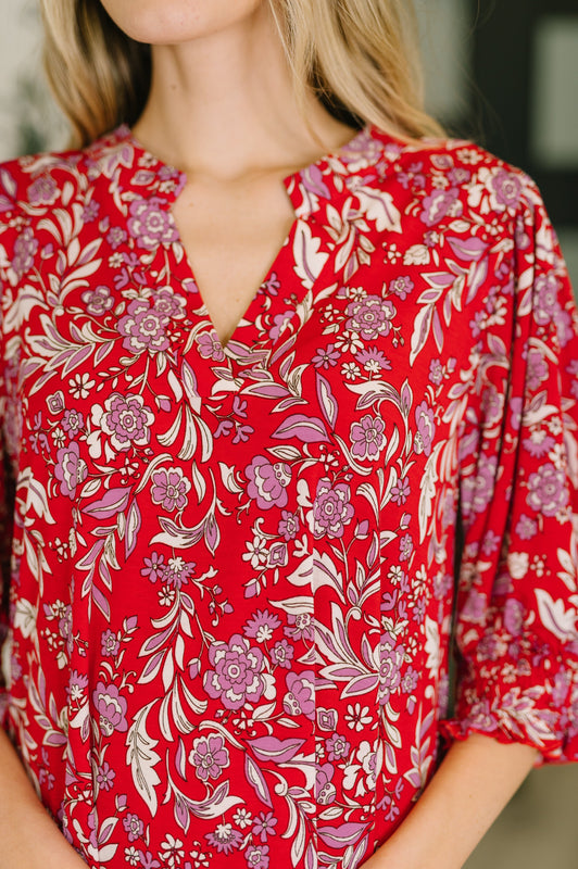 Lizzy Smock Top in Red and Pink Floral