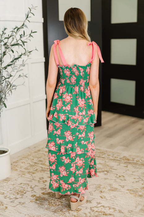 Low Effort, High Impact Tiered Dress in Green/Coral