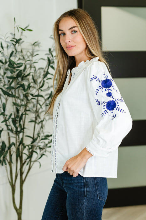 PREORDER: Machine Embroidered Details Ruffle Neck Blouse