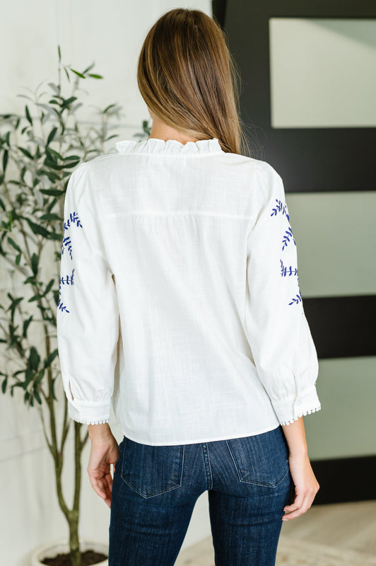 PREORDER: Machine Embroidered Details Ruffle Neck Blouse