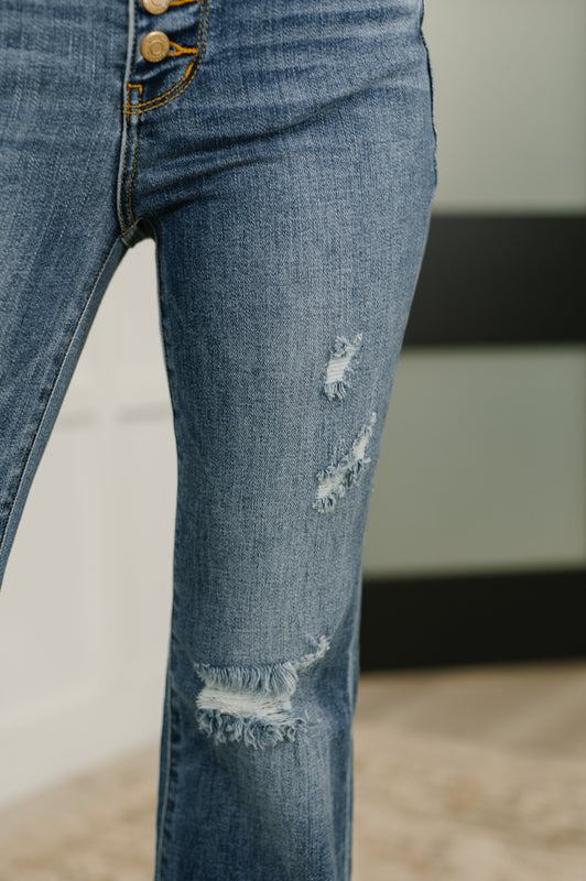Marion Mid Rise Button Fly Flare with Destroy Fray Hem
