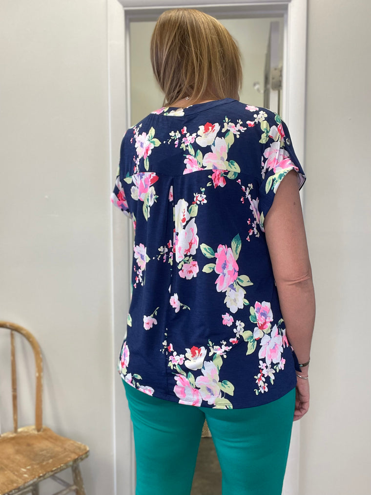 Mixed Pink Floral on Navy Lizzy Top
