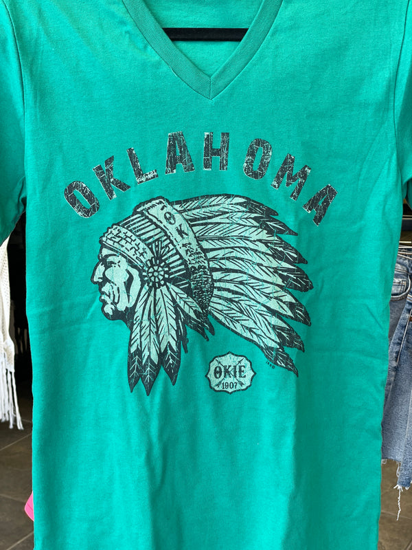 Oklahoma Indian Head Chief T-Shirt l Kelly Green V-Neck