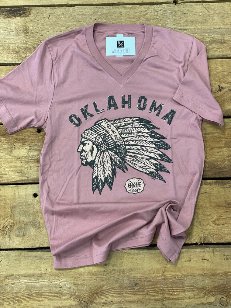 Oklahoma Indian Head Chief T-Shirt l Mauve V-Neck