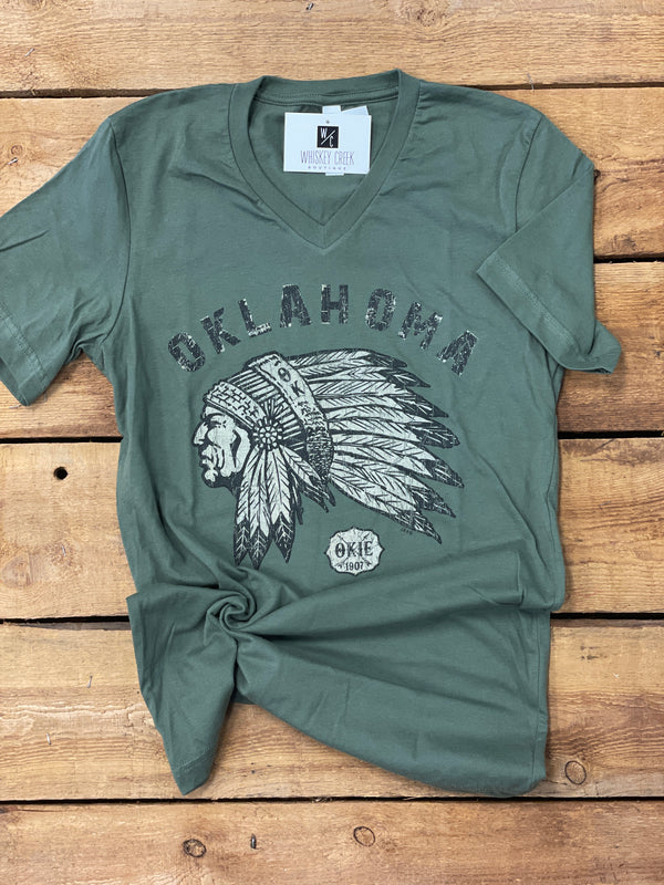 Oklahoma Indian Head Chief T-Shirt l Military Green V-Neck