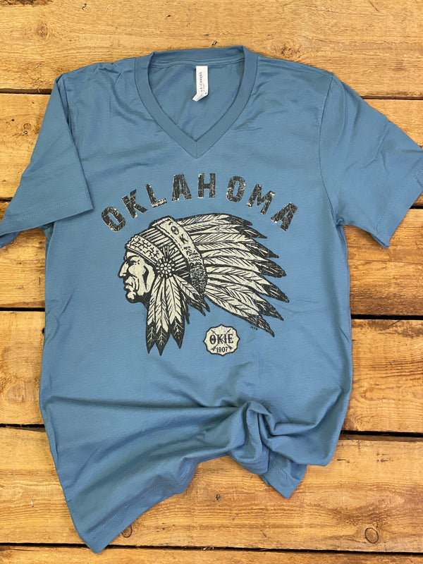 Oklahoma Indian Head Chief T-Shirt l Steel Blue V-Neck