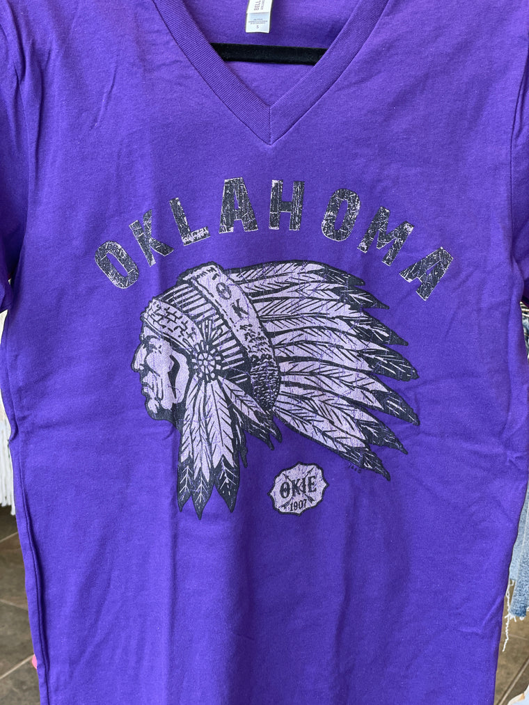 Oklahoma Indian Head Chief T-Shirt l Team Purple V-Neck