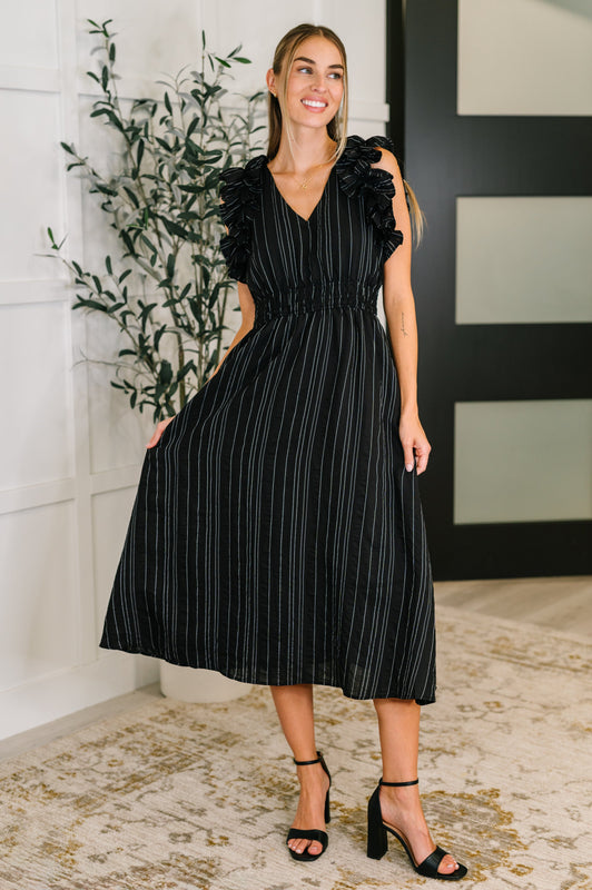 Pinstripe Romance V-Neck Ruffle Sleeve Dress in Black
