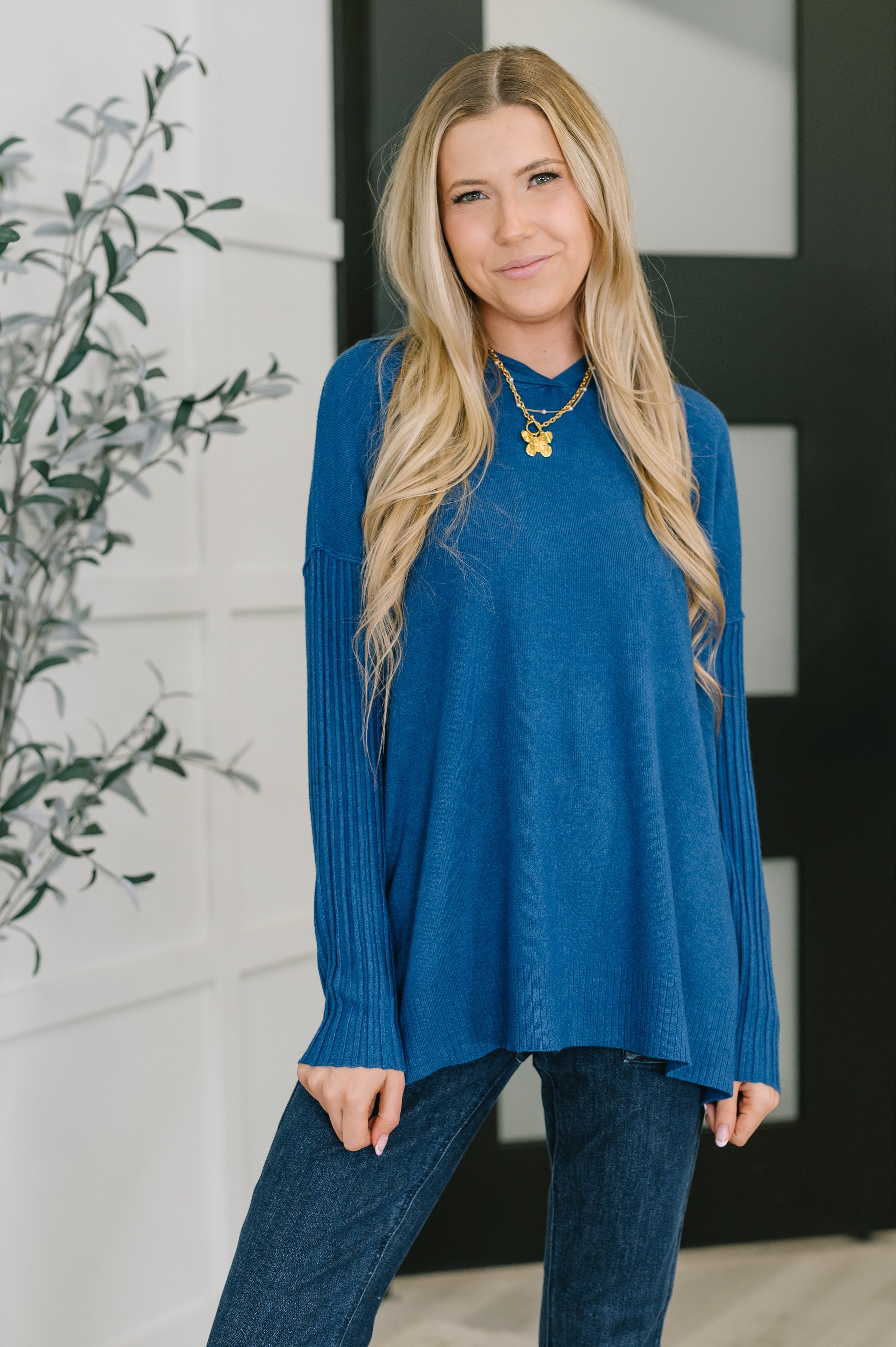 Running Late Hooded Long Sleeve in Light Navy