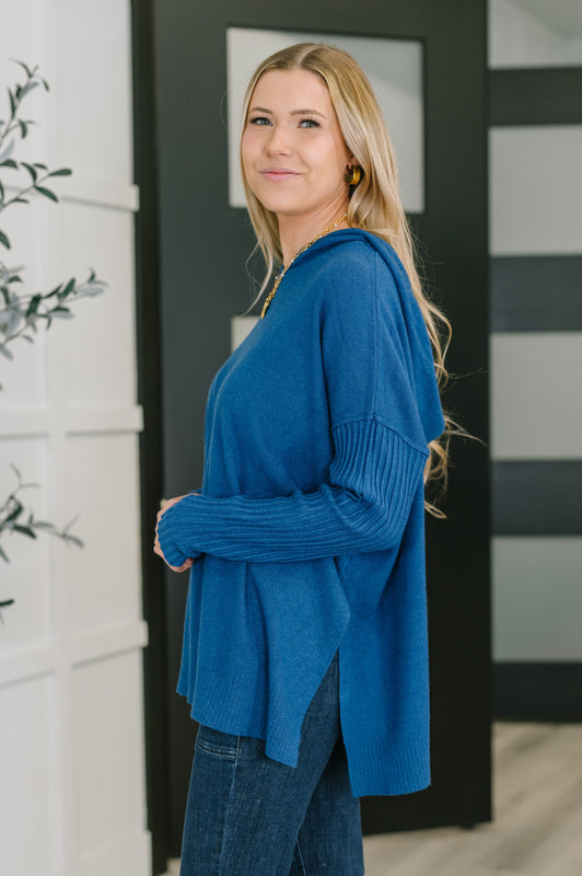 Running Late Hooded Long Sleeve in Light Navy